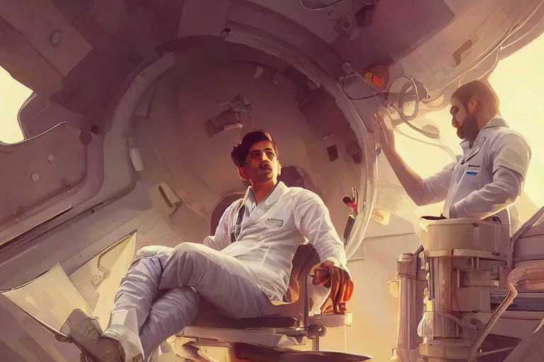 Prompt: Exhausted good looking pale young Indian doctors wearing jeans in a space station above Earth performing surgery, portrait, elegant, intricate, digital painting, artstation, concept art, smooth, sharp focus, illustration, art by artgerm and greg rutkowski and alphonse mucha