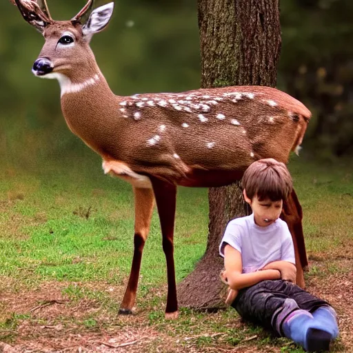 Image similar to a deer being pet by a little boy, cinematic scene