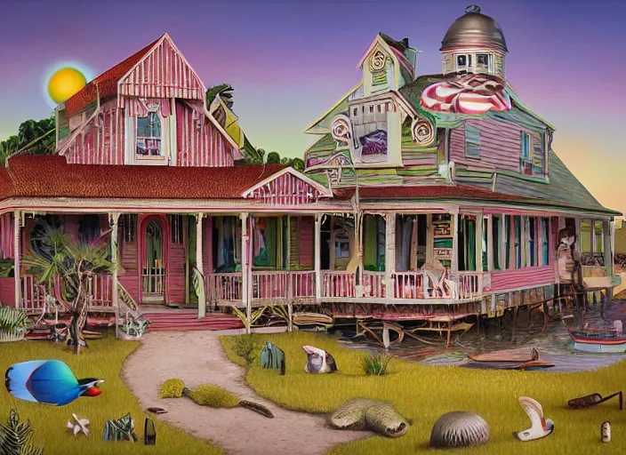 Image similar to australian beach house town, lowbrow, matte painting, 3 - d highly detailed, in the style of mark ryden,