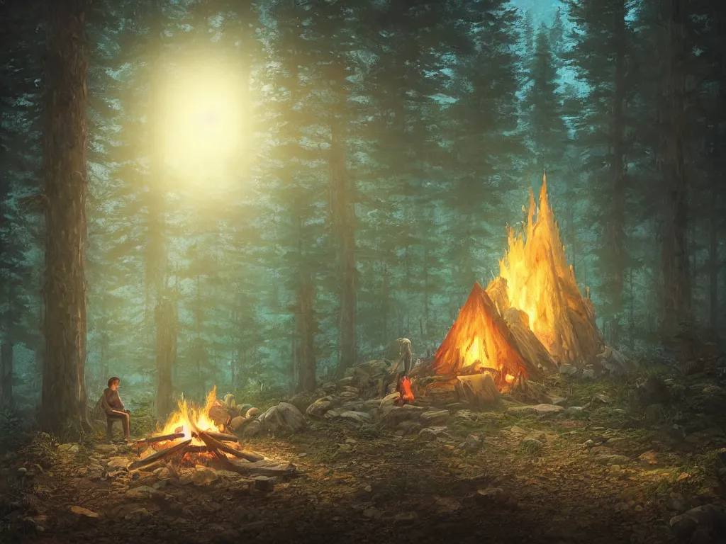 Image similar to A highly detailed matte painting of a lone camp fire in the forest at night by Studio Ghibli, Makoto Shinkai, by Artgerm, by WLOP, by Greg Rutkowski, volumetric lighting, octane render, 4K resolution, trending on artstation, masterpiece