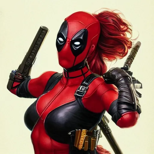 Image similar to portrait of a girl wearing deadpool costumes, upper body, red hair, long hair, d & d, fantasy, fierce, sharp features, intricate, elegant, highly detailed, digital painting, artstation, concept art, matte, sharp focus, illustration, art by artgerm and greg rutkowski and alphonse mucha