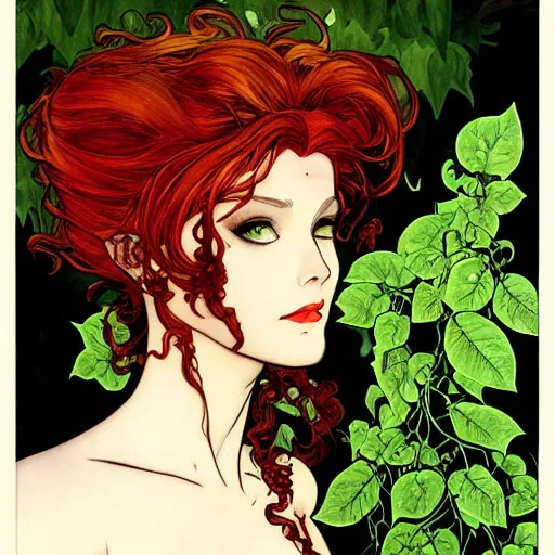 Image similar to a beautiful painting of poison ivy dressed as a lawyer in the big city, dark eyeliner, intricate, elegant, highly detailed, digital painting, artstation, concept art, matte, sharp focus, illustration, art by rebecca guay and by arthur rackham and by alphonse mucha and by john william waterhouse