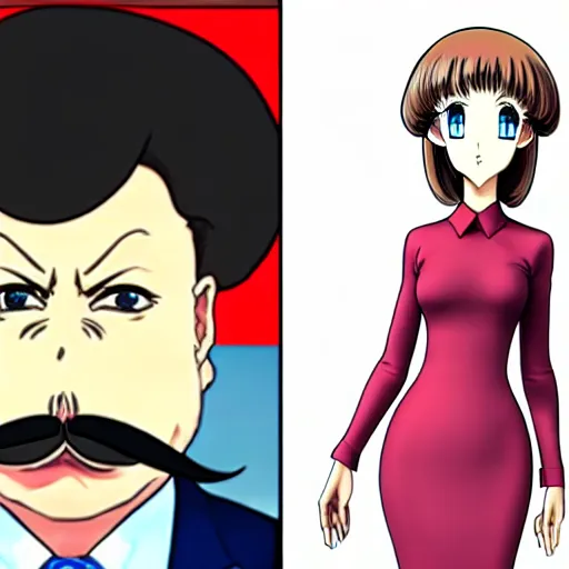 Image similar to a woman in a tight dress with a head like Alexander Lukashenko, with a mustache, Miyazaki anime style