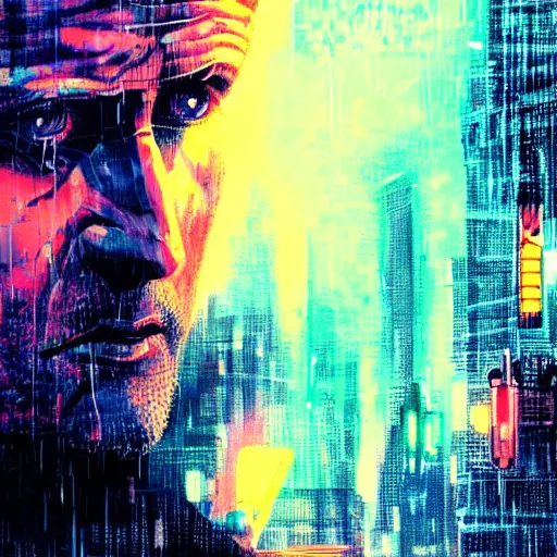 Prompt: Portrait of Roy Batty, Bladerunner, tears in the rain, hyper-detailed, cyberpunk, dystopian city skyline at night, colorful neon signs, 4k ultra hd, trending on artstation, fantasy dark art