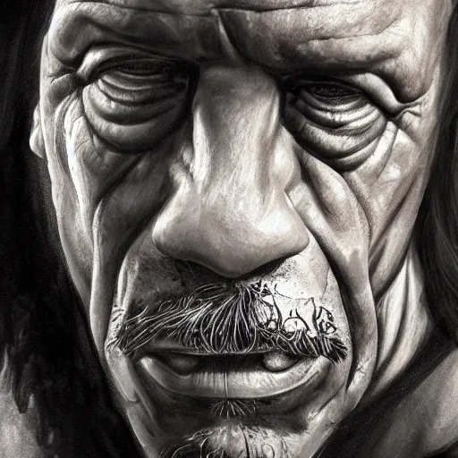 Image similar to danny trejo having staring contest with bear, photorealistic, concept, artstation