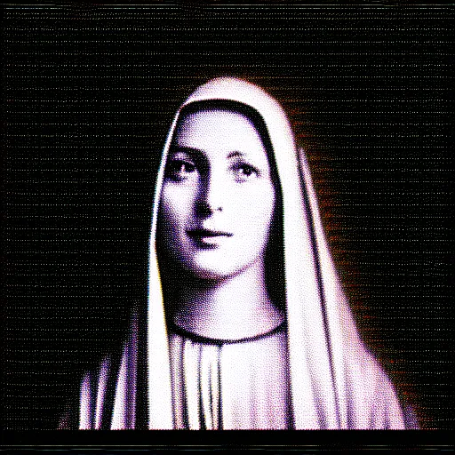 Image similar to vhs static overlay of marian apparition, vhs, 1 9 9 0, highly realistic, highly detailed, vhs noise static, black and white, vhs glitch