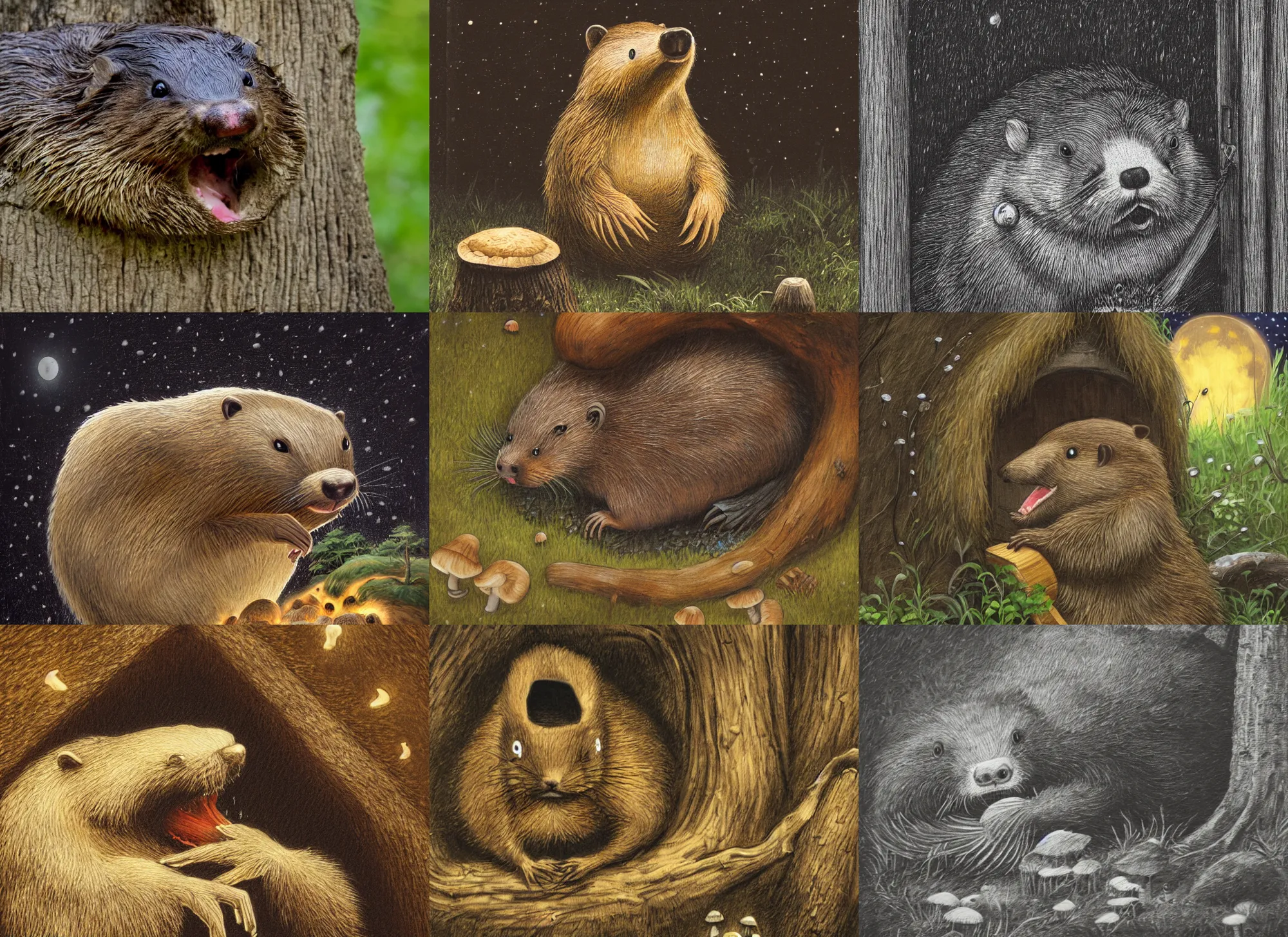 Image similar to angry anthropomorphic beaver knocking on his neighbors mushroom house door, incredibly fine detailed portrait, dynamic angle, 2 0 0 mm focal length, highly detailed, dramatic full moon lighting, many fireflies