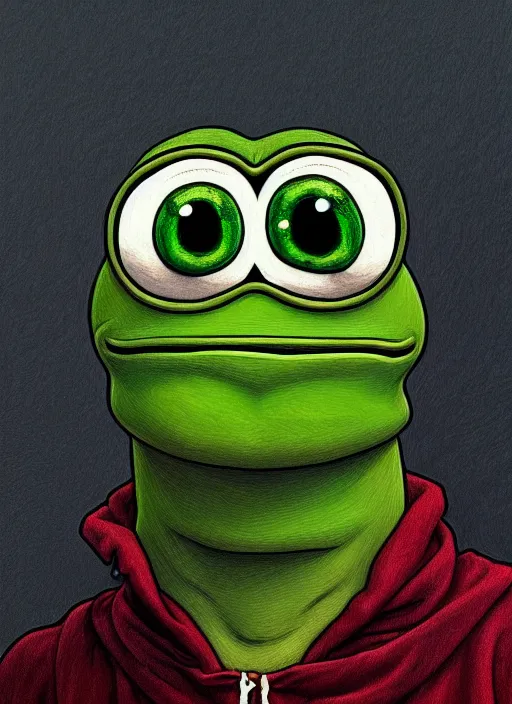 Image similar to depressed pepe the frog!!!, sad, portrait, intricat, highly detailed, digital painting, artstation, concept art, wallpaper, smooth, sharp focus, illustration, art by matt furie and artgerm! and greg rutkowski!! and alphonse mucha