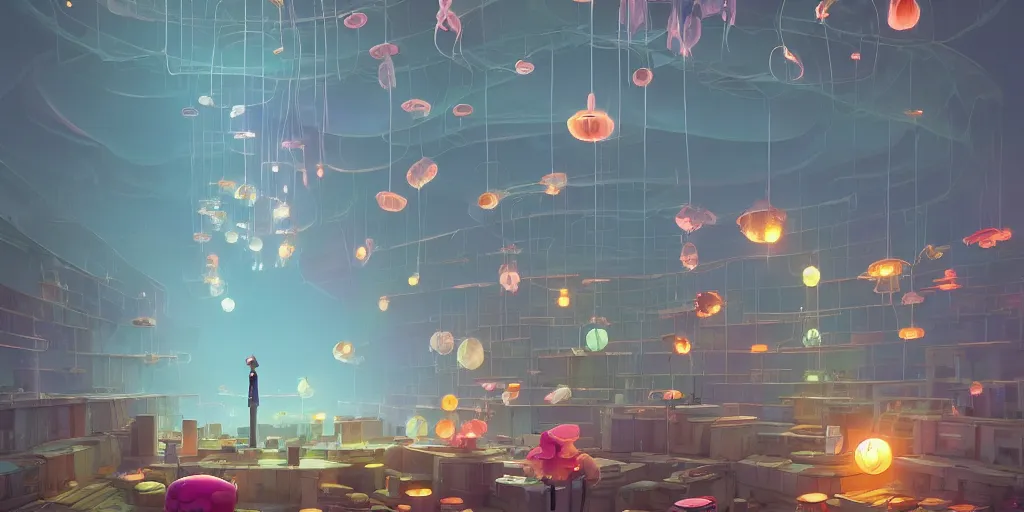 Prompt: Jellyfish library by Goro Fujita and Simon Stalenhag , 8k, trending on artstation, hyper detailed, cinematic