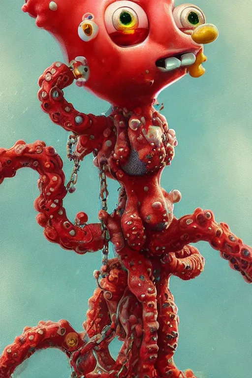 Prompt: SpongeBob, realistic and ultra intricate detailed soft painting, volumetric lighting, mist, chains and red fluid background, Artstation, Tom Bagshaw Yasushi Nirasawa Moebius artstyle, unreal render, depth of field