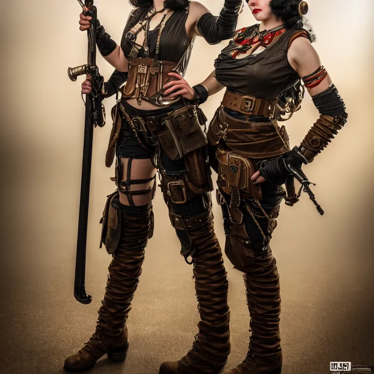 Image similar to full length photo of a very beautiful female dieselpunk warrior, 8 k, hdr, smooth, sharp focus, high resolution, award - winning photo