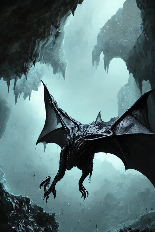 Prompt: giant bat in a limestone cave with small water puddles on the ground, lovecraftian creature, dynamic lighting, volumetric, bokeh, cinematic, establishing shot, extremly high detail, photo realistic, cinematic lighting, post processed, concept art, artstation, matte painting, style by eddie mendoza, raphael lacoste, alex ross