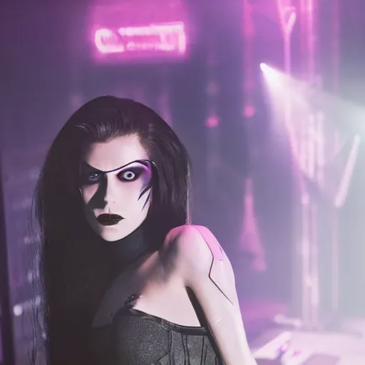Image similar to a beautiful and seductive robot android woman with long flowing hair and bright makeup sings on stage in a dimly lit futuristic nightclub. twilight zone, dark city inspired realistic gritty award winning photographic portrait single point lighting