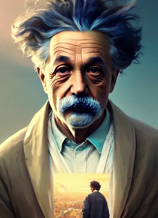 Image similar to highly detailed portrait of einstein in gta v, stephen bliss, unreal engine, fantasy art by greg rutkowski, loish, rhads, ferdinand knab, makoto shinkai and lois van baarle, ilya kuvshinov, rossdraws, tom bagshaw, global illumination, radiant light, detailed and intricate environment