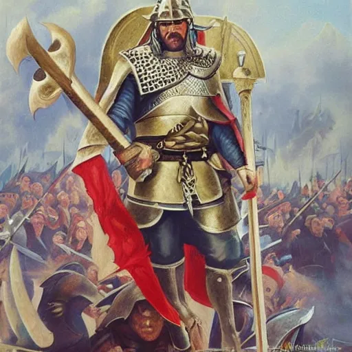 Image similar to trump as a viking, crusader times, bloody, epic painting