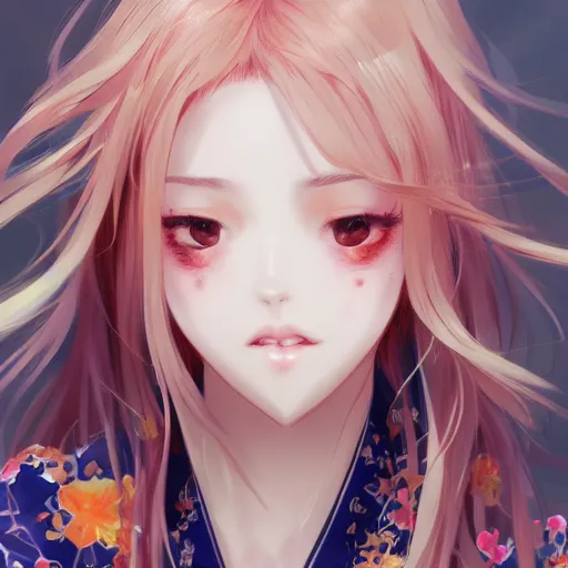 Image similar to realistic beautiful gorgeous natural cute drunk girl in kimono art drawn full HD 4K highest quality in artstyle by professional artists WLOP, Taejune Kim, yan gisuka, JeonSeok Lee, artgerm, Ross draws, Zeronis, Chengwei Pan on Artstation