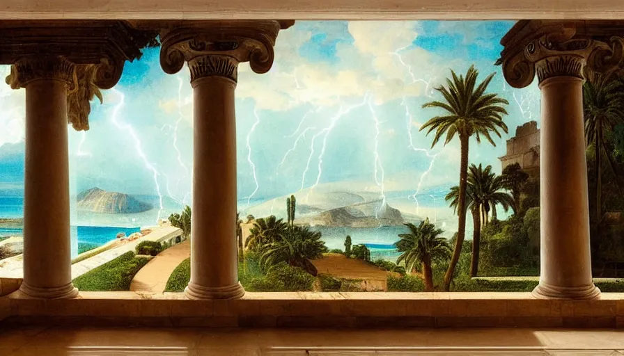 Image similar to From inside the balcony of the giant Palace, mediterranean balustrade and columns, refracted lines and sparkles, thunderstorm, greek pool, beach and Tropical vegetation on the background major arcana sky and occult symbols, by paul delaroche, hyperrealistic 4k uhd, award-winning, very detailed paradise