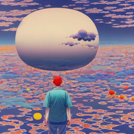 Image similar to a man walking on clouds away from the camera above kyoto by takashi murakami, beeple and james jean, aya takano color style, 4 k, super detailed, modern, 4 k, symmetrical