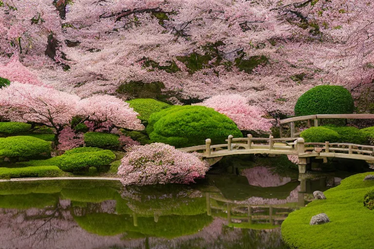 Image similar to masterpiece photography of a japanese garden landscape, with a pond and sakura trees, sakura flowers in the wind, scattered clouds on the horizon, during spring, atmospheric effects, light fog, dawn rays of light, bokeh, by Lee Madgwick or Caspar David Friedrich or Édouard Manet, Trending on artstation, spring, dawn color scheme, soft colors