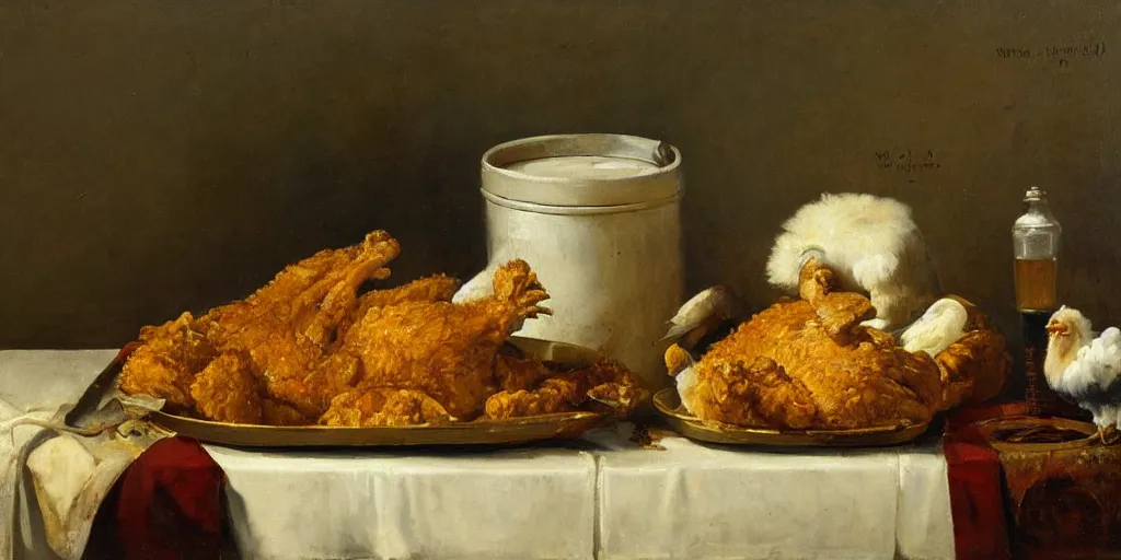 Image similar to a fineart still life painting of a KFC bucket and chicken on table. Oil on canvas, by Willem Kalf.