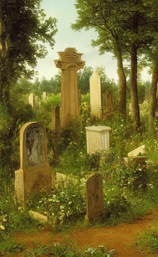 Image similar to artwork painting of a lush environment, a cemetery headstone by eugene von guerard, ivan shishkin