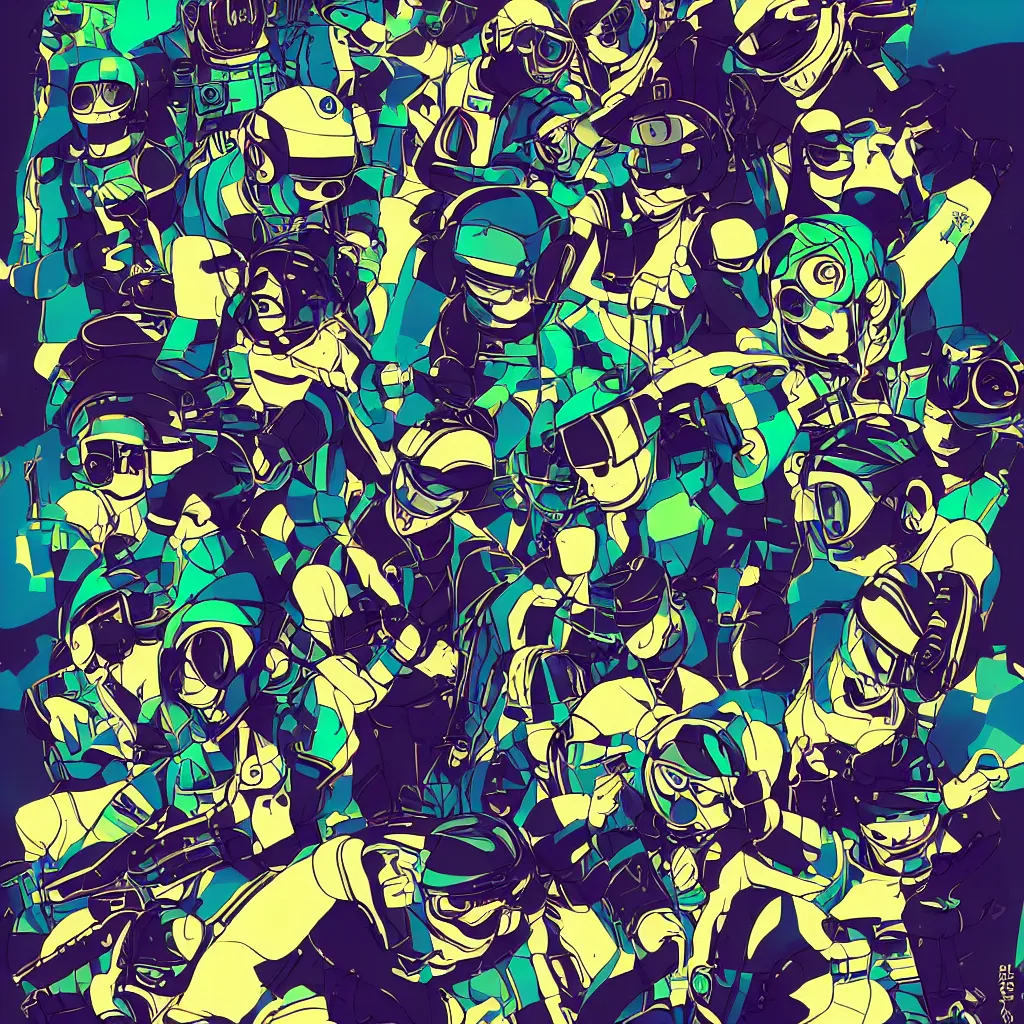 Image similar to people wearing helmets, ryuta ueda artwork, jet set radio artwork, stripes, gloom, space, cel - shaded art style, broken rainbow, data, minimal, speakers, code, cybernetic, dark, eerie, cyber