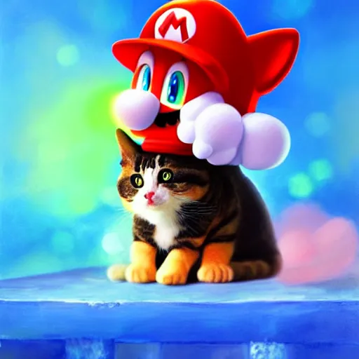 Image similar to A beautiful oil painting of a Kawaii Cat wearing a Super Mario Hat, nintendo, box art, intricate, volumetric lighting, summer, hyperrealistic, colorful, hyperdetailed.