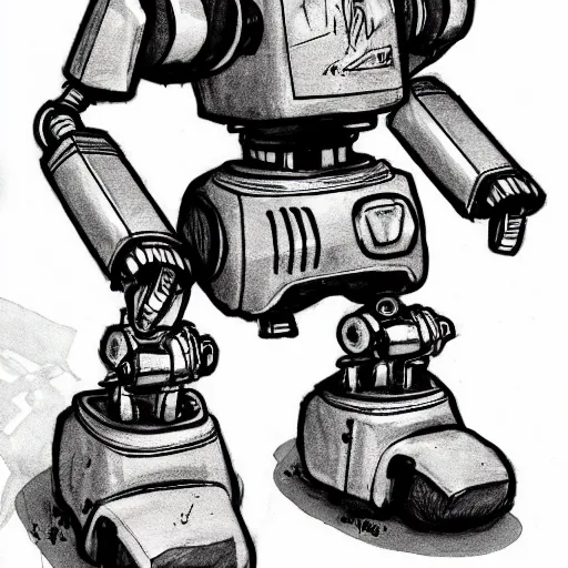 Prompt: illustration of a scrappy robot, (inktober), line art, ((water color)), by Bill Waterson, By Jake Parker, by Brian Kesinger