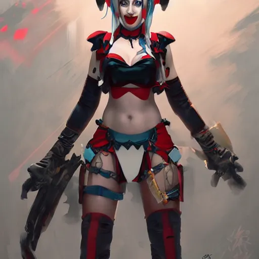 Image similar to portrait of anime Harley Quinn in bikini armor, dc comics, cyberpunk, Warhammer 40000, dark fantasy, digital art from artstation by Ruan Jia and Mandy Jurgens and Artgerm and william-adolphe bouguereau