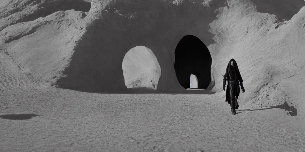 Prompt: Paul Rudd in the movie Dune, black and white matte painting, comic book, walking through a large arch gateway in the desert