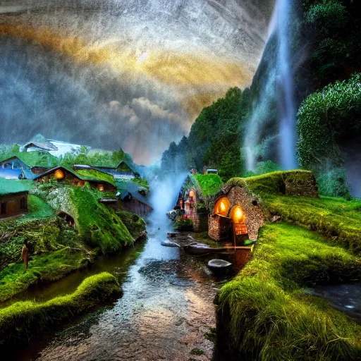 Image similar to spring festival at medieval hobbit village, ornate, beautiful, atmosphere, vibe, mist, smoke, fire, chimney, rain, wet, pristine, puddles, waterfall, melting, dripping, snow, creek, moss, ice, bridge, rainbow, cobble, jungle, roses, flowers, color page, 4 k, contest winner