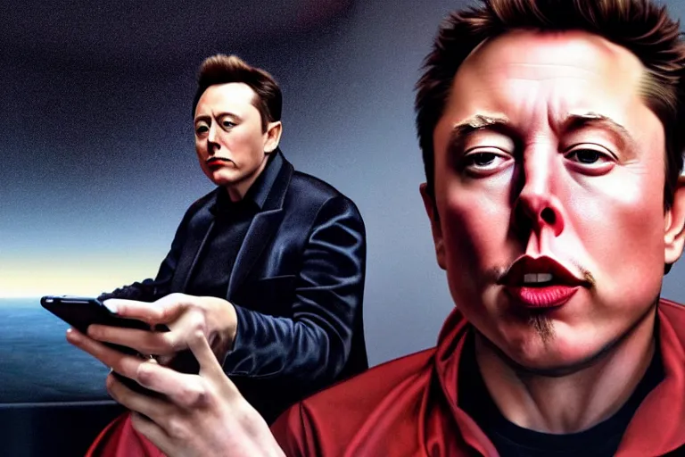 Image similar to hyperrealism aesthetic ridley scott and caravaggio and denis villeneuve style photography of a detailed giant elon musk, siting on a detailed ultra huge toilet and scrolling his smartphone in hyperrealism scene from detailed art house movie in style of alejandro jodorowsky and wes anderson