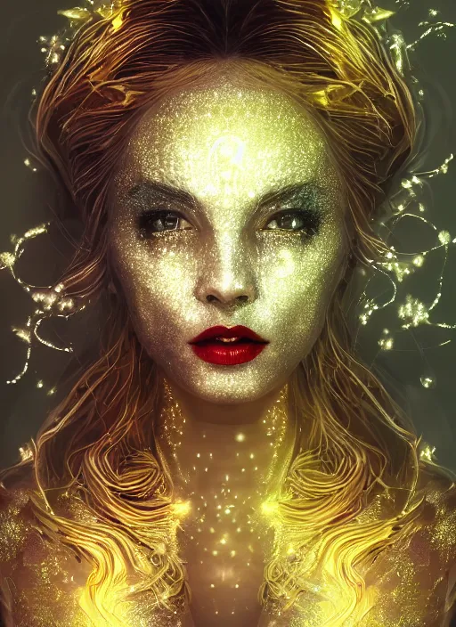 Image similar to glowing silver and golden elements, full close-up portrait, vector dark witch from shutterstock, book cover, green forest, white moon, red lips, establishing shot, extremly high detail, photo-realistic, cinematic lighting, pen and ink, intricate line drawings, by Yoshitaka Amano, Ruan Jia, Kentaro Miura, Artgerm, post processed, concept art, artstation, matte painting, style by eddie mendoza, raphael lacoste, alex ross