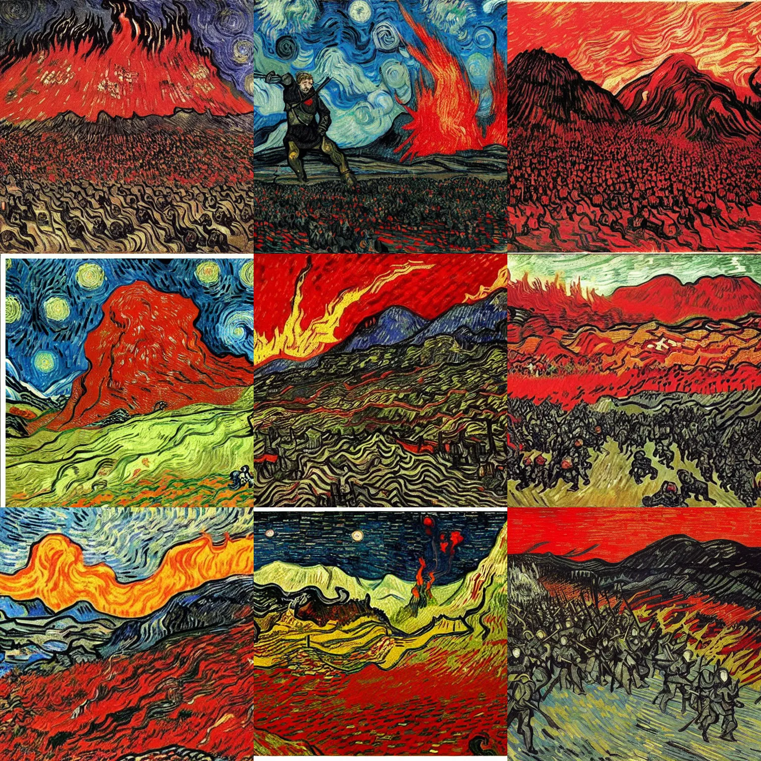 Prompt: battle of mordor by van gogh. red and black. fire.