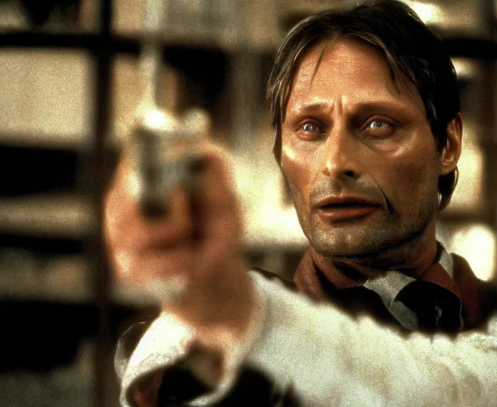 Image similar to a still of mads mikkelsen in the silence of the lambs ( 1 9 9 1 ), 4 k, hi - res