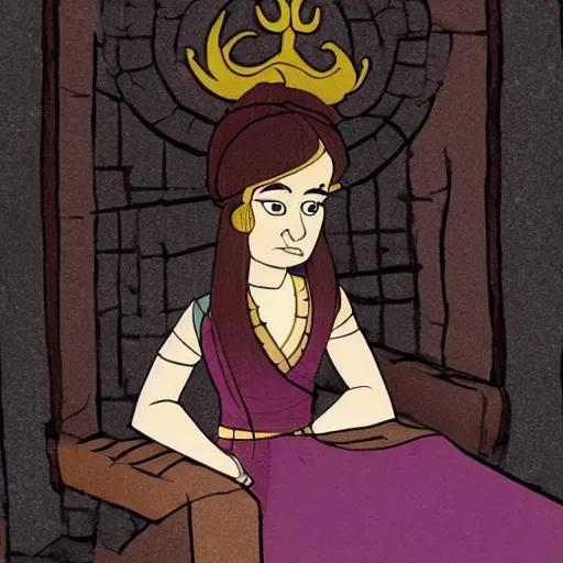 Image similar to a warrior princess sitting in her court, in the art style of cartoon saloon.