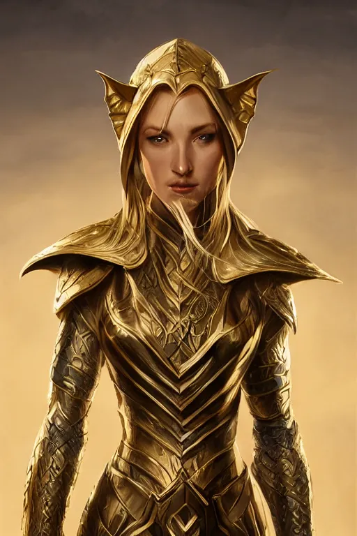 Prompt: standing elf profile portrait with armor in golden and silver colors and a curve long sword, full body, epic masterpiece of cinematographic hyperrealism, realistic shaded lighting poster by craig mallismo, artgerm, jeremy lipkin and michael garmash, unreal engine, radiant light, detailed and intricate environment, digital art, art station trends