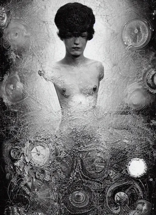 Image similar to old wetplate daguerreotype invention of the universe, explosion of data fragments, fractal, intricate, elegant, highly detailed, parallax, leica, medium format, subsurface scattering, by paul delvaux