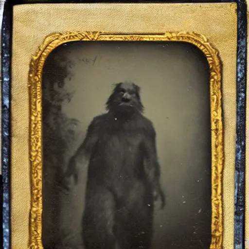 Prompt: blurry tintype photo of Bigfoot