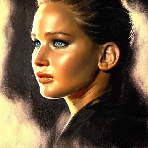 Image similar to ultra realistic portrait painting of jennifer lawrence in venom, art by frank frazetta, 4 k, ultra realistic, highly detailed, epic lighting.