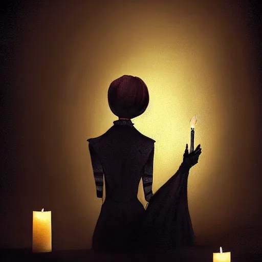 Prompt: A creepy woman with a large cynical smile sits in a dark and gloomy room, the only light is a flickering jittery candle, he writes by the candle in a journal, in a gothic, Halloween, and atmospheric art style, artstation digital art, trending on artstation, artstationHQ, artstationHD.