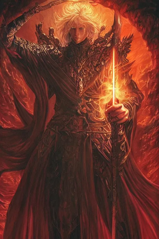 Image similar to young male redhead Spellcaster standing, a spell glowing between his hands, with glowing runes tattoos on him, D&D dark fantasy style, sharp focus, ultra detailed, art by Artgerm and Peter Andrew Jones, Karol Bak, Ayami Kojima, Amano and Olivier Ledroit