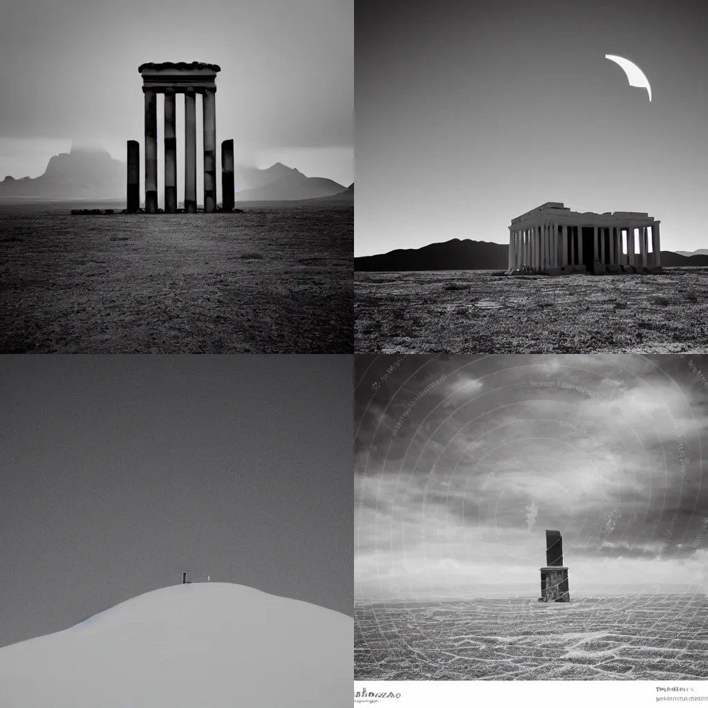 Prompt: eerie white pagan temple alone in a bleak desert, the sky is black, solar eclipse, there are blurry mountains in the background, monochrome