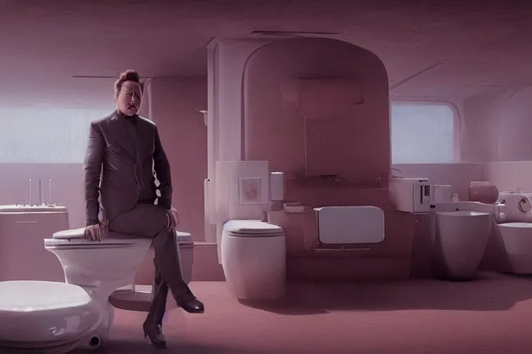 Image similar to hyperrealism aesthetic ridley scott and denis villeneuve style photography of a detailed giant elon musk, siting on a detailed ultra huge toilet and scrolling his smartphone in hyperrealism scene from detailed art house movie in style of alejandro jodorowsky and wes anderson