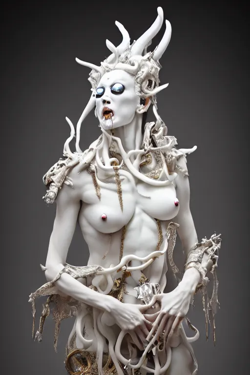 Image similar to white porcelain statue of boned matte sacred demon goddess, sculpture with metallic polished intricated surface, dressed with a colorful torn silk cloak and chrome ornaments, made by antonio corradini, and dug stanat macabre art, dark surrealism, epic and cinematic view, volummetric light, texturized, detailed, 8 k