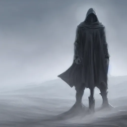 Image similar to concept art of a small hooded figure standing in a barren field looking at a colossal beast, by Andreas Rocha + Ted Nasmith, dark, epic, masterpiece, highly detailed, 8k resolution, trending on art station