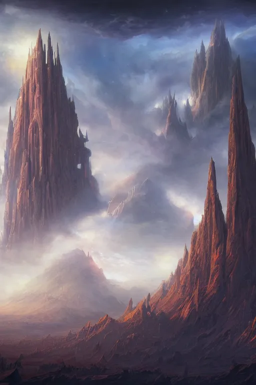 Prompt: a beautiful matte painting of the powerful and omniscient cosmic god machine by Tyler Edlin and Noah Bradley and Jim Burns and James Gurney, award winning, atmospheric, epic and stunning, intricate details, sense of awe, anthropomorphic, monumental structures, featured on artstation