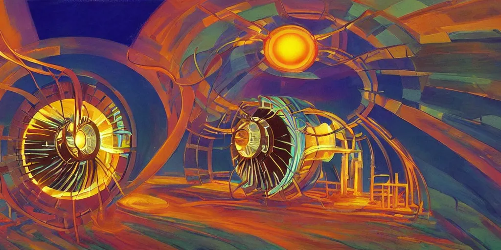 Image similar to fusion reactor plasma helix, wonderous and magical, dramatic and colourful, by Studio Ghibli and Edward Hopper