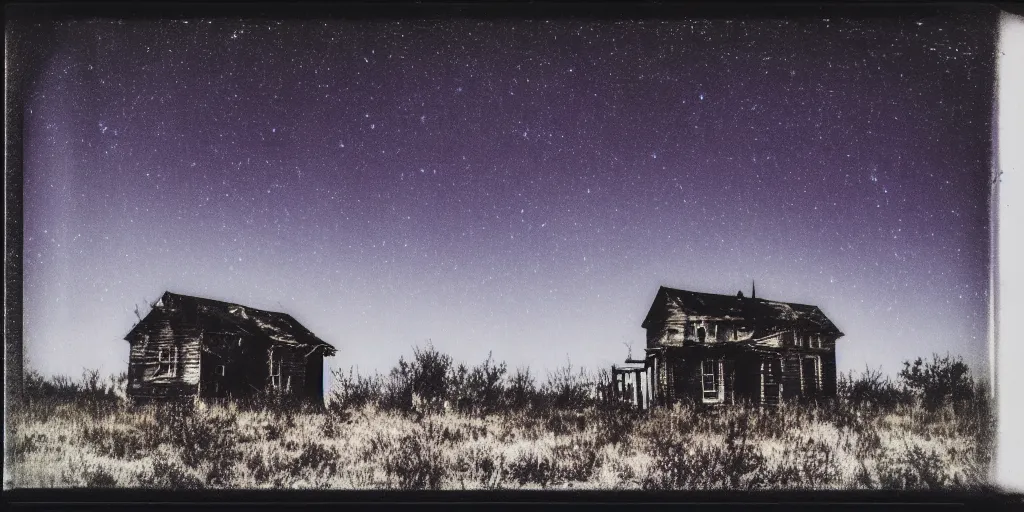 Prompt: polaroid photo of an abandoned house on a wasteland, deep purple starry sky, slight color bleed, grain