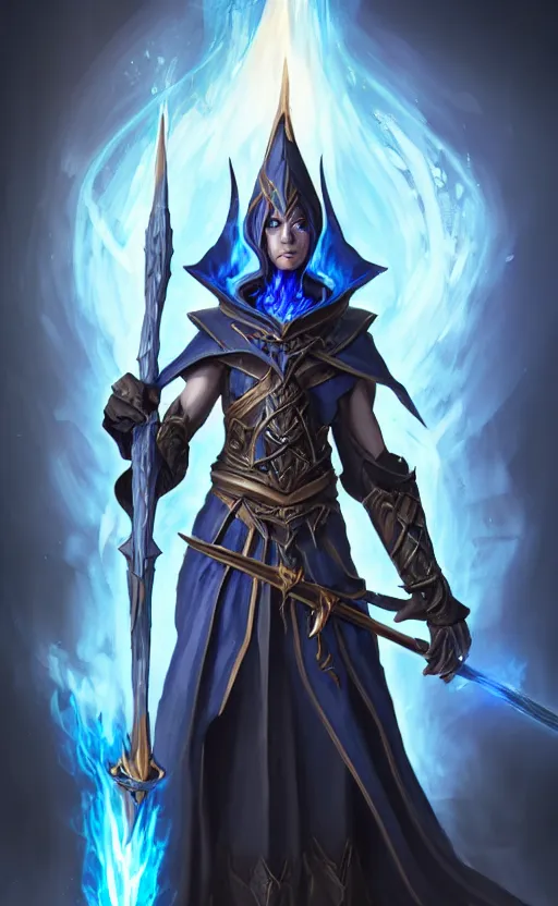 Image similar to legendary dark elf wizard with blue flame staff, highly detailed, d & d, fantasy, highly detailed, digital painting, trending on artstation, concept art, sharp focus, illustration, global illumination, ray tracing, realistic shaded, art by artgerm and greg rutkowski and fuji choko and viktoria gavrilenko and hoang lap